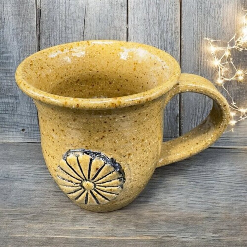 Hand Made Pottery Coffee Mug Cup Stoneware Artist Signed Raised Flower Brown VTG